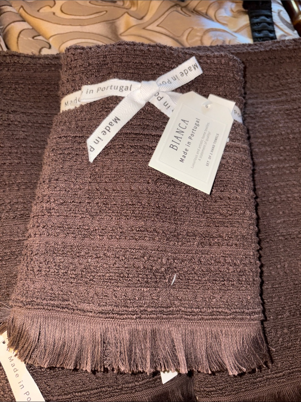 Bianca Made in Portugal Brown Cotton Fringe Bath and Hand Towel NWT - Picture 2 of 8